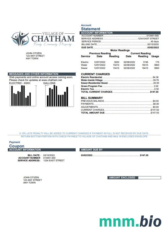 Szablon rachunku za media w USA Village of Chatham w formacie Word i PDF